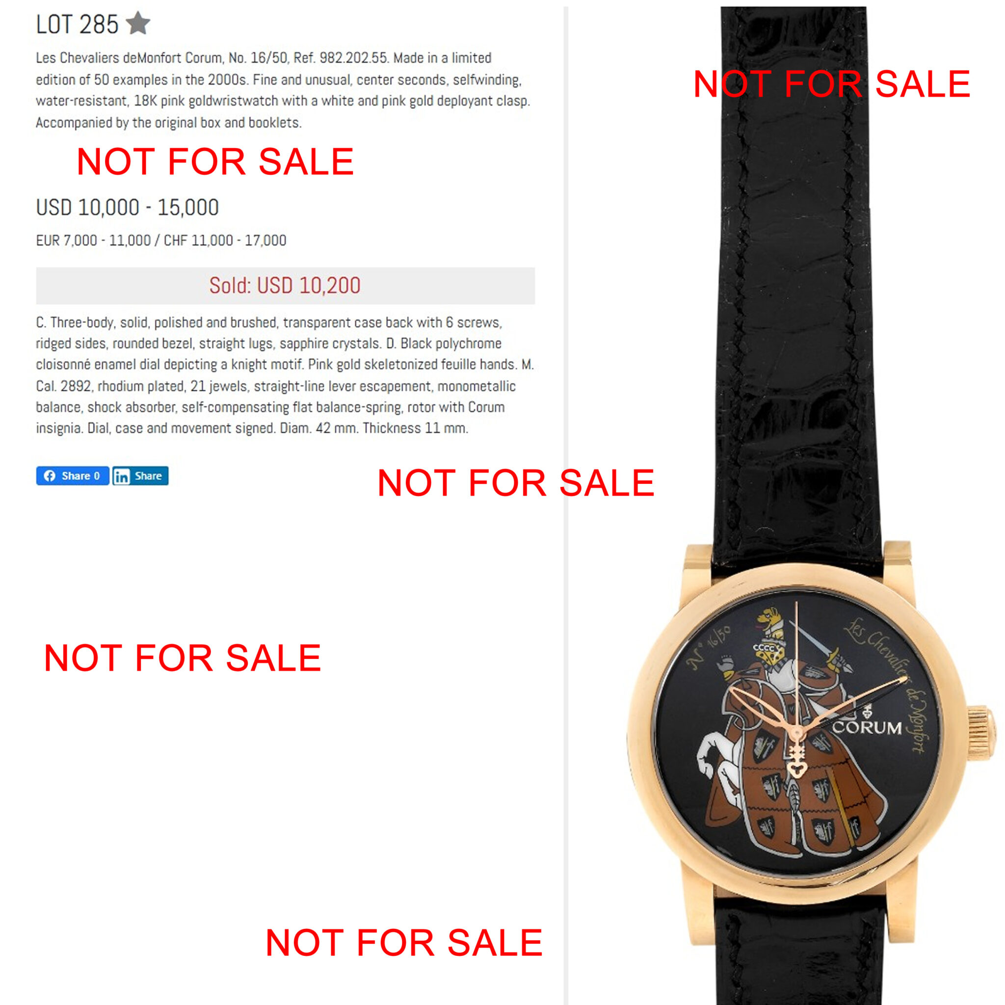 CORUM Automatic Artisan Classical Les Chevaliers de Montfort 42 Rose Gold - Watch Movement Kit