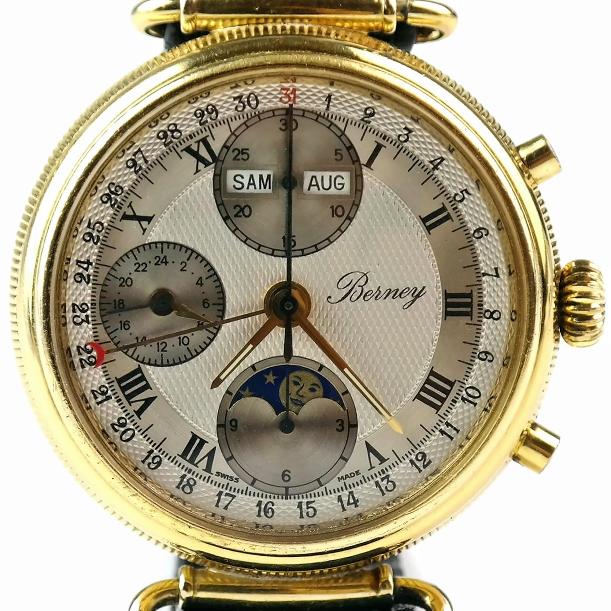 BERNEY Swiss Automatic Chronograph Full Calendar Moon Phase Watch Vj 7751