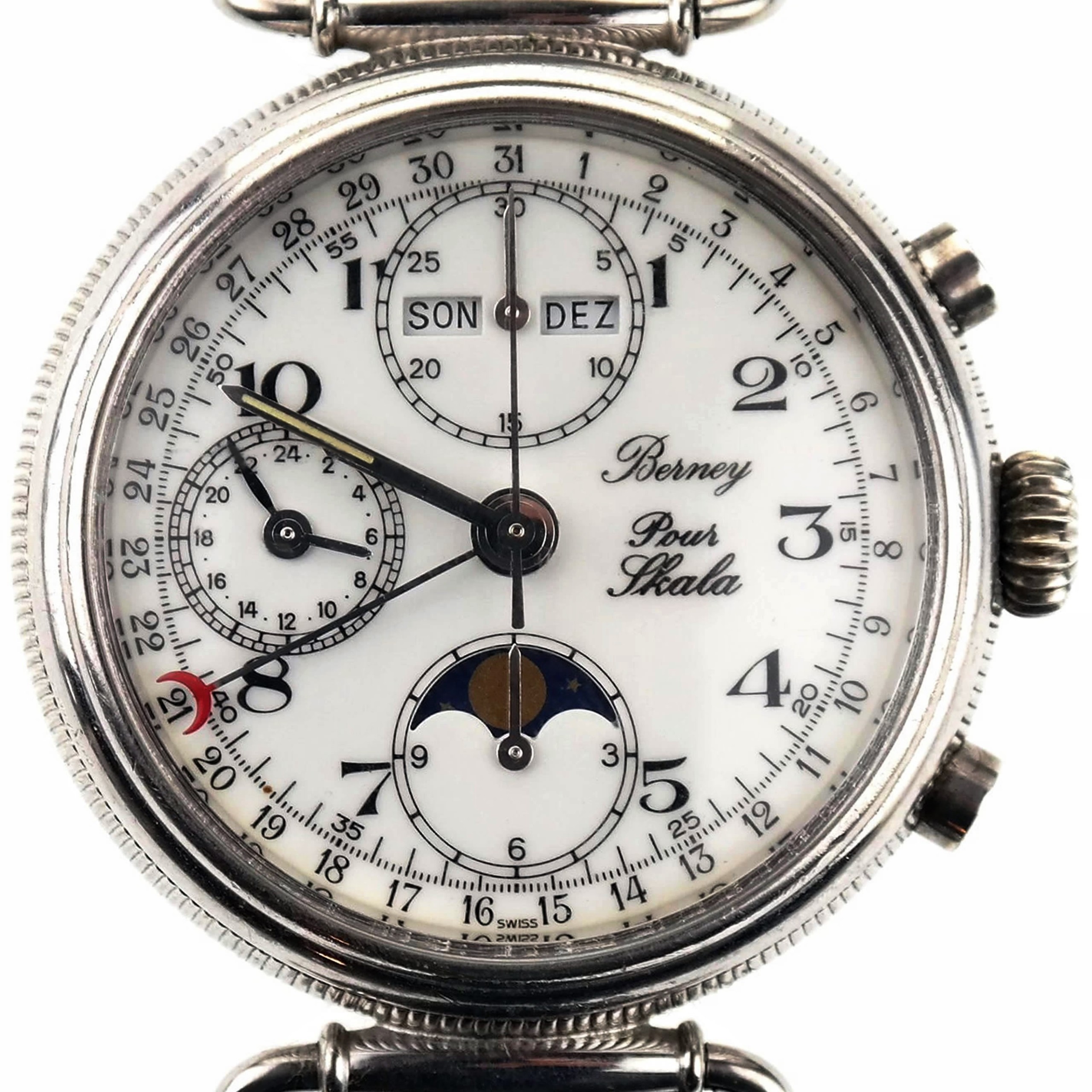 BERNEY Swiss Solid Silver Automatic Chrono Full Calendar Moon Phase Watch